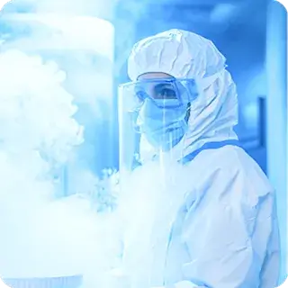 Lab scientist wearing mask and goggles